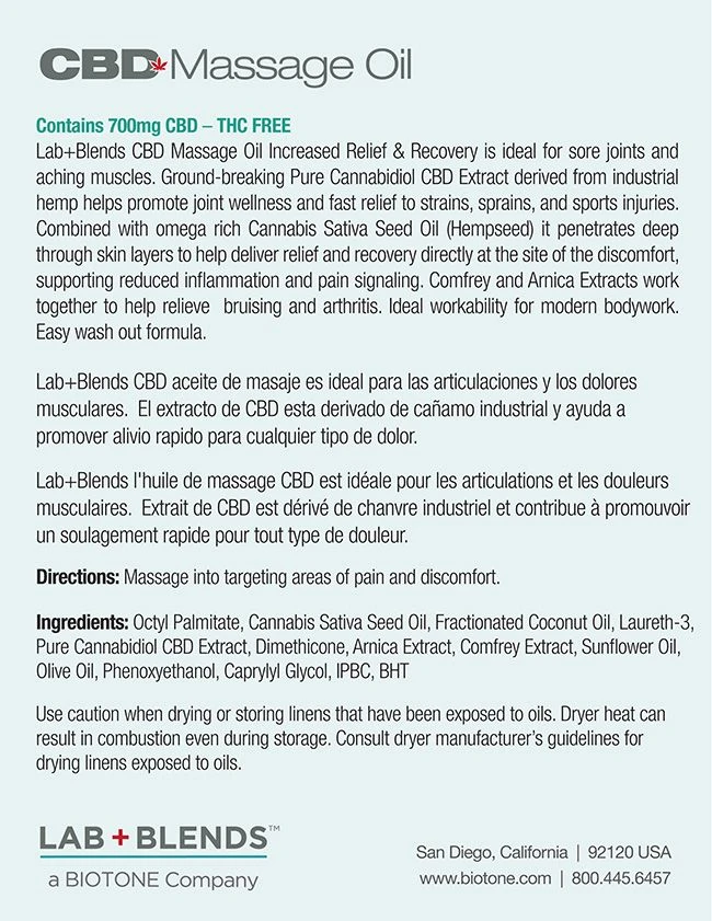 Lab+Blends™ 700 Mg CBD Massage Oil 11.8 Oz By BIOTONE® - Pain Relief For Sore Joints & Aching Muscles - Image 2